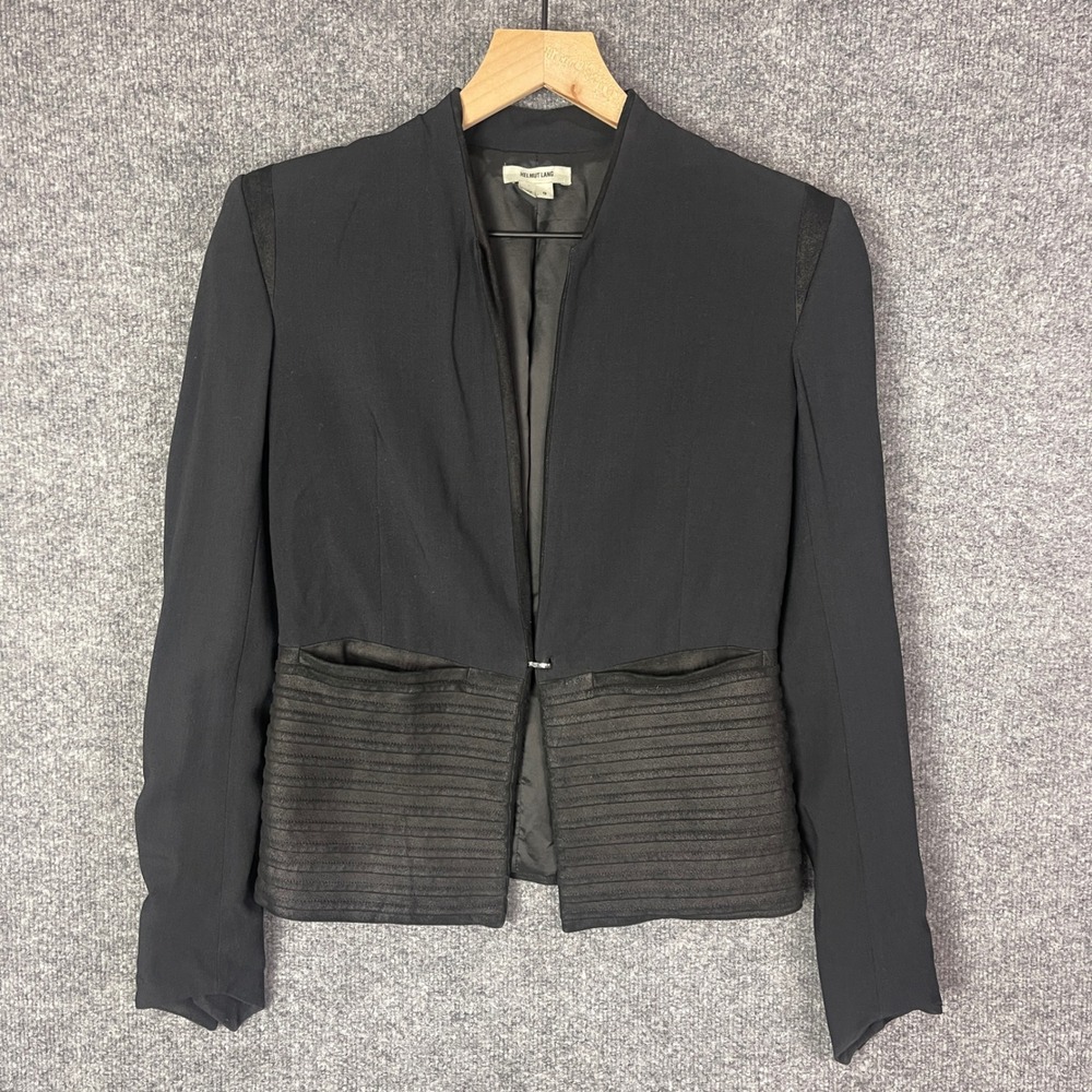 Helmut Lang‎ Black Blazer Jacket Collarless Textured Hem Women Size 0